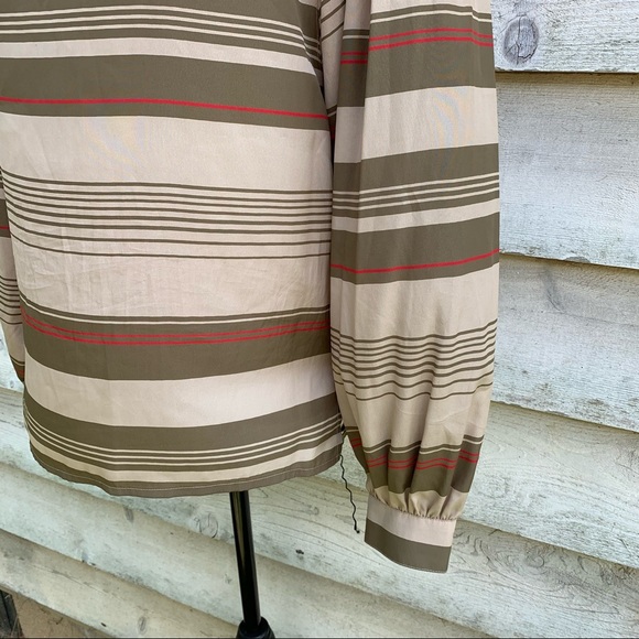 Vintage 80s Tan Striped Boat Neck Collarless Long Sleeve Popover Semi Sheer Top - Picture 10 of 16